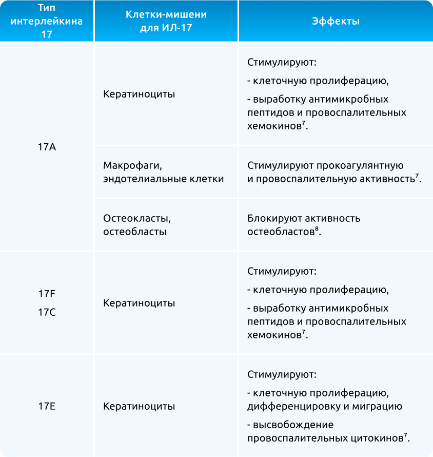 ИЛ-17А влияет на функции кератиноцитов, макрофагов, остеобластов, эндотелиальных и дендритных клеток [7]. 